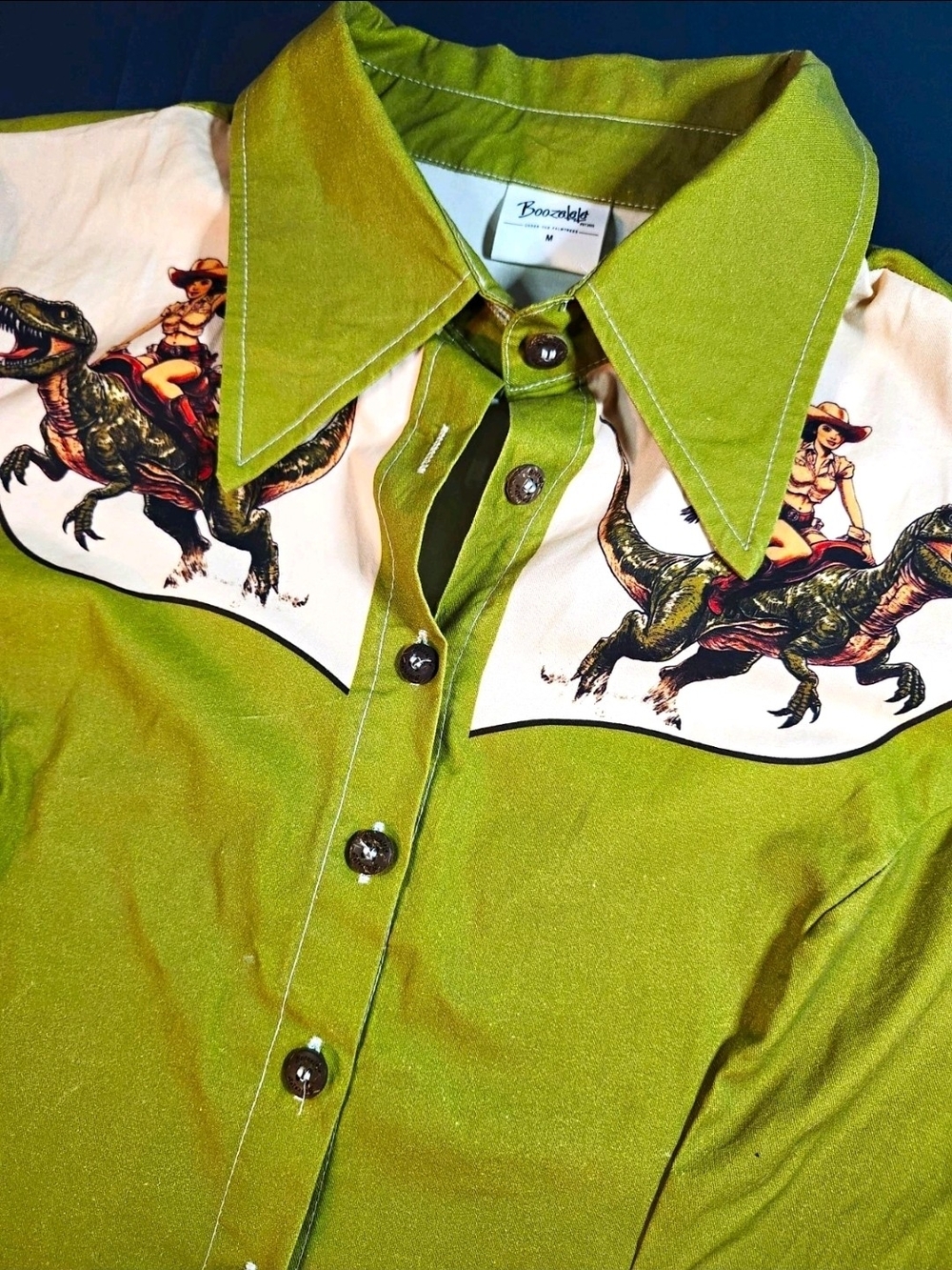 Boozelele Women's M Green Cotton Button-Up  Western Rodeo Cowgirl Dinosaur Dress